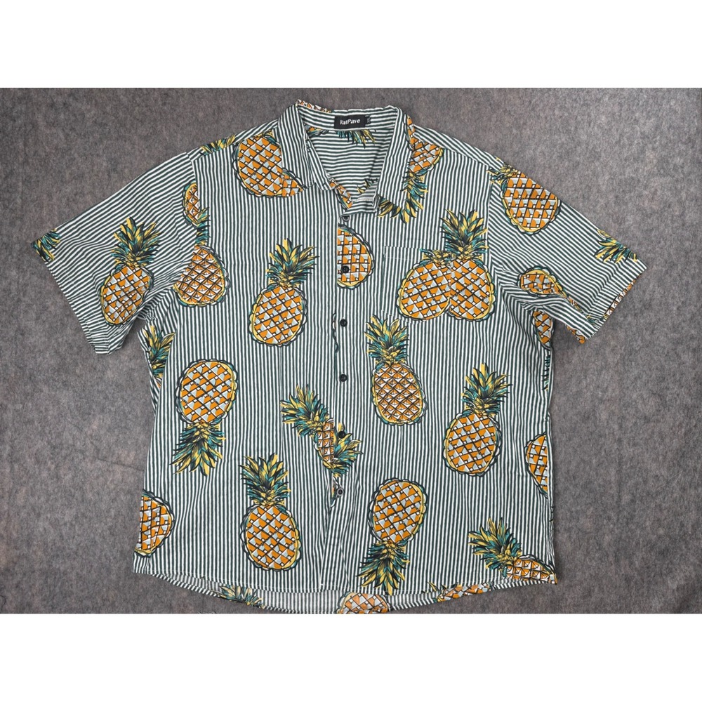 VatPave Mens XXL Pineapple Striped Short Sleeve Button Up Shirt Green White